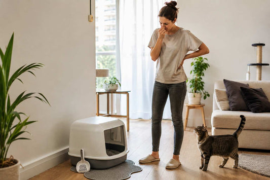 Frustrated cat owner noticing litter box smell after cleaning