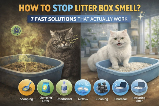Cat litter box smell problem vs solution comparison showing dirty smelly litter box with unhappy cat on one side and clean fresh litter box with happy cat on the other side with tips to stop litter box odor fast