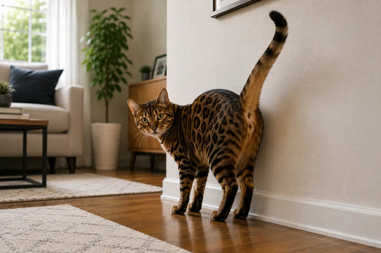 Neutered Bengal cat spraying against an indoor wall in a modern living room.
