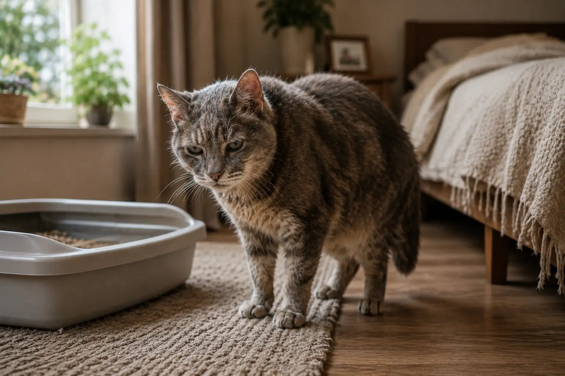 Senior cat standing near litter box in cozy bedroom showing signs of litter box problems and aging discomfort