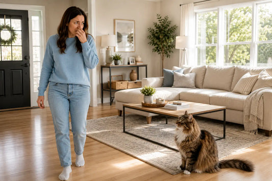 Woman entering a clean living room while noticing a strange smell as a Norwegian Forest Cat watches nearby