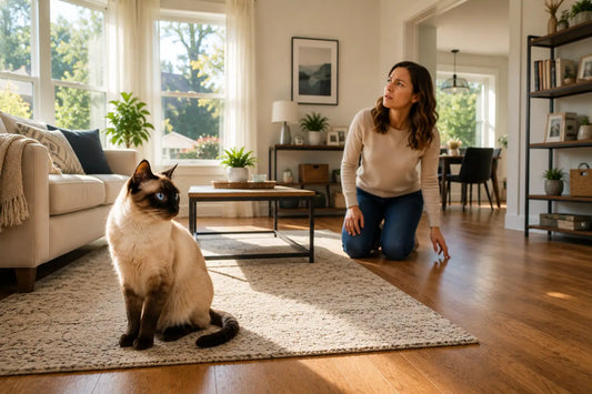 Siamese cat in a modern home while its owner investigates an unusual odor, illustrating what cat spray smells like compared to cat pee.