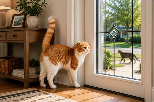 Orange-and-white Scottish Fold cat watching a neighborhood cat outside near a front door, illustrating why cats spray near doors and windows.