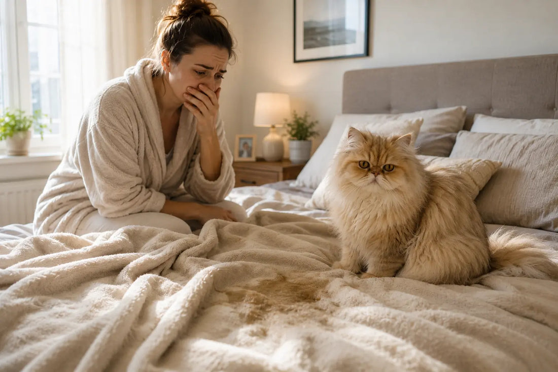 Persian cat sitting on a bed after peeing on a soft blanket while stressed owner reacts in cozy bedroom