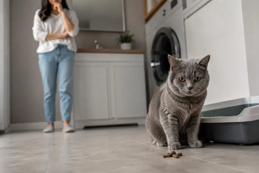 British Shorthair cat sitting beside the litter box in a modern apartment bathroom while the owner looks confused in the background