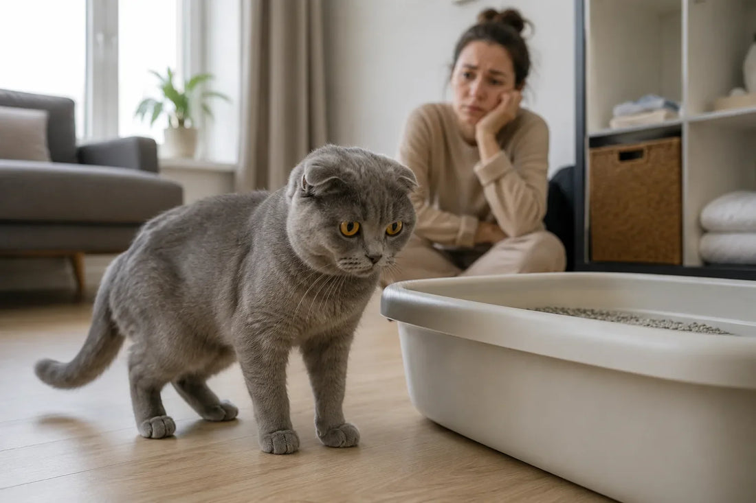 grey scottish fold cat hesitating near the litter box inside a calm apartment
