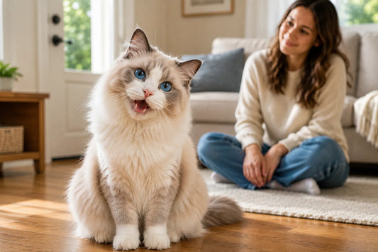 Blue-eyed Ragdoll cat gently meowing while looking at its owner in a bright living room, illustrating why cats meow to communicate with people.