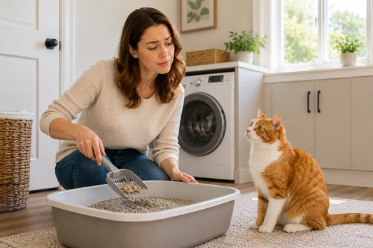 Woman noticing a strong ammonia smell while cleaning a cat litter box as her orange-and-white cat watches nearby.