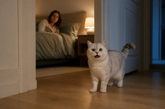 Silver-shaded British Shorthair meowing at night in a bedroom doorway while its owner lies awake