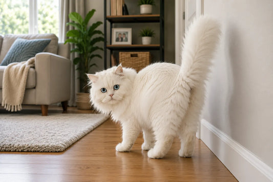 White Persian cat with blue eyes standing near a wall in a modern American home, illustrating a spayed female cat that still sprays.