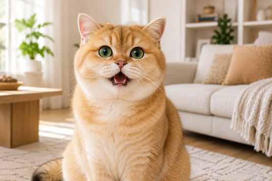 Golden Shaded British Shorthair meowing inside a modern home to illustrate why a cat is meowing so much