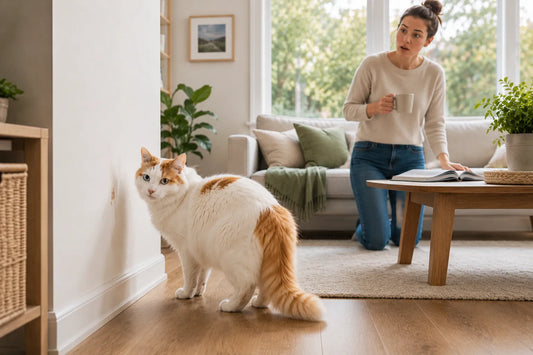 Turkish Van cat standing beside a wall after suddenly spraying while its owner calmly notices the unexpected behavior in a bright modern living room