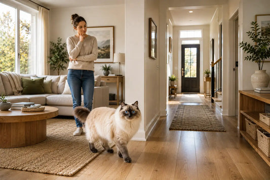 Birman cat walking through a bright modern home while its owner calmly observes multiple areas to investigate widespread indoor spraying behavior.