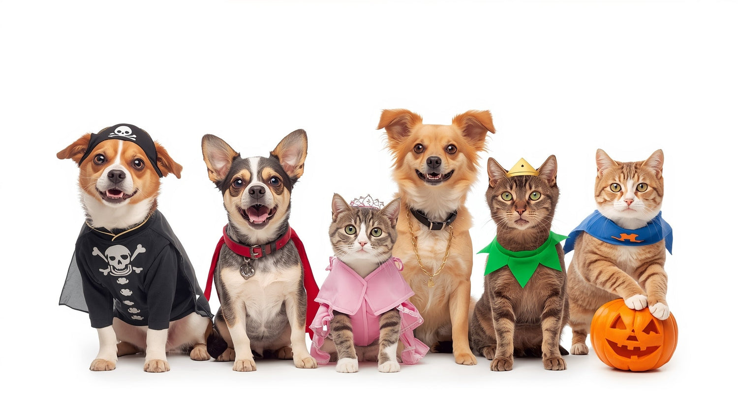 Cute pets – a dog in a pirate costume, a cat in a superhero outfit, a cat in a princess dress, and a dog in a pumpkin costume – posing together on a white background. Jollyfurs Pet Costumes collection.