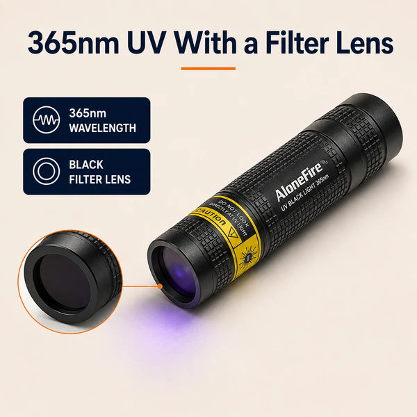 Black optical filter lens on a compact 365nm UV flashlight