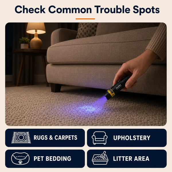 Common areas to inspect for hidden pet residue around the home