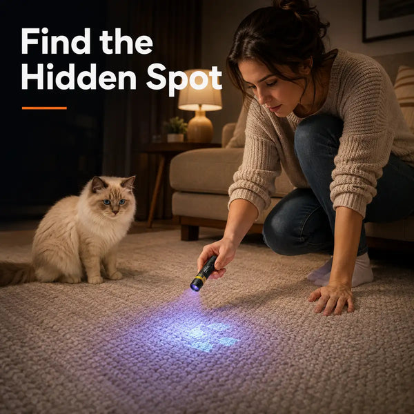 365nm black light revealing a hidden pet residue spot on carpet