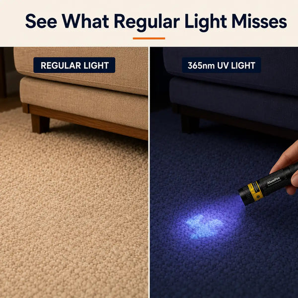 Regular room light compared with 365nm UV inspection of pet residue