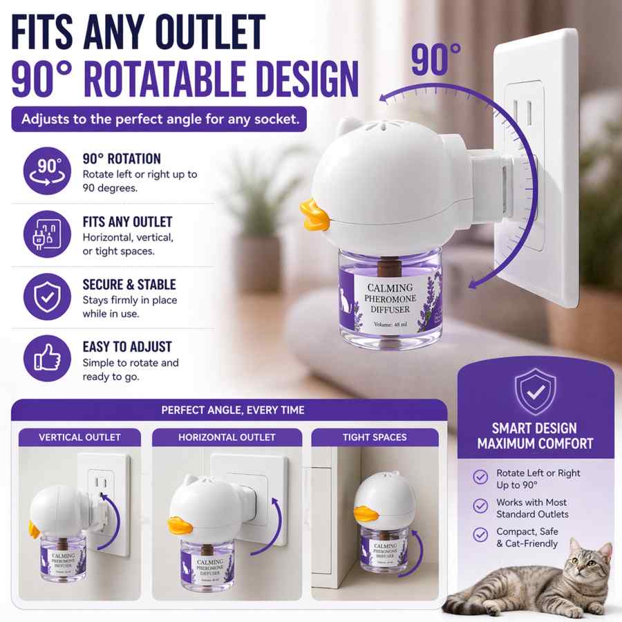 cat calming pheromone diffuser with 90 degree rotatable plug fitting any outlet for easy and flexible use