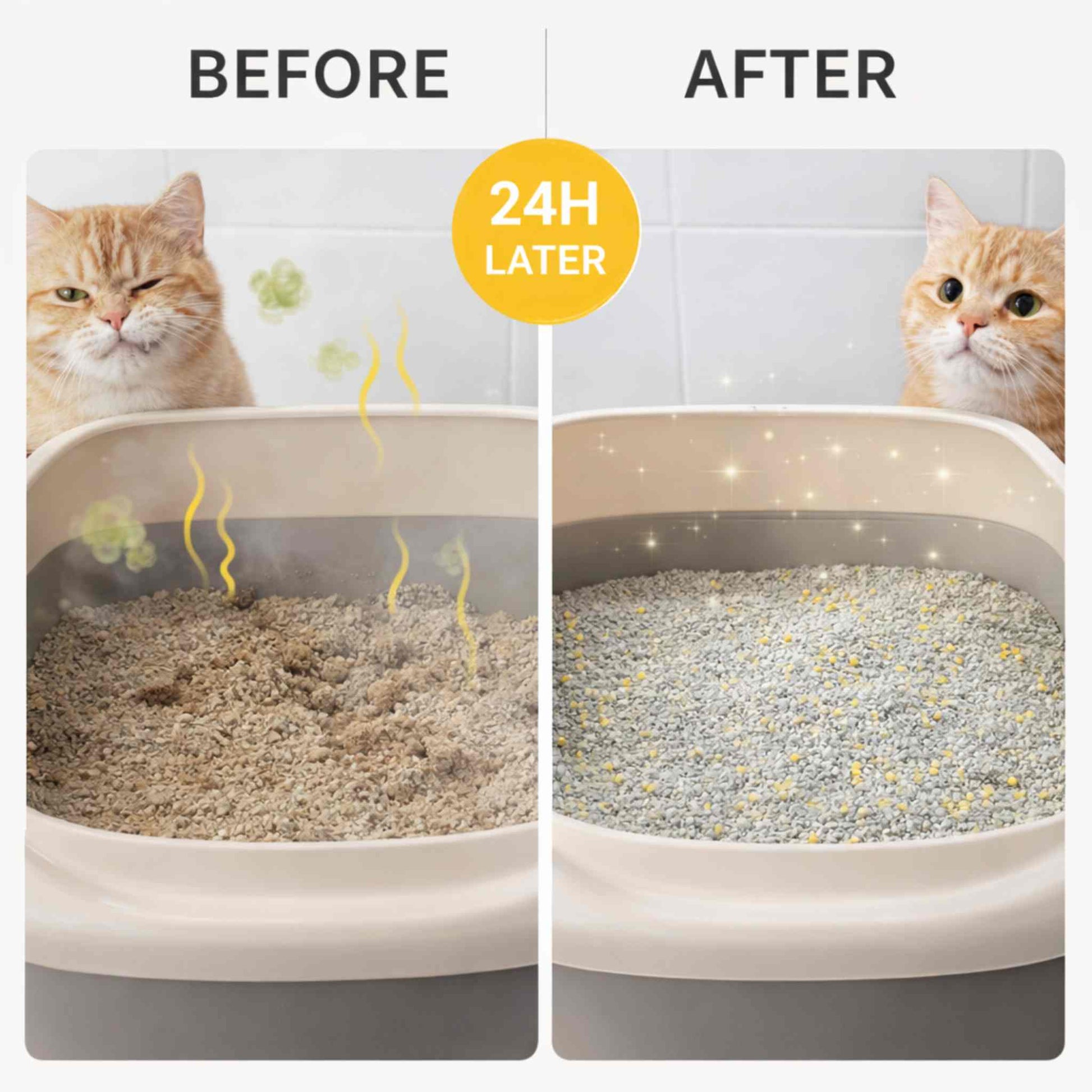 Before and after cat litter odor control showing dirty smelly litter vs clean fresh litter after using deodorizing beads