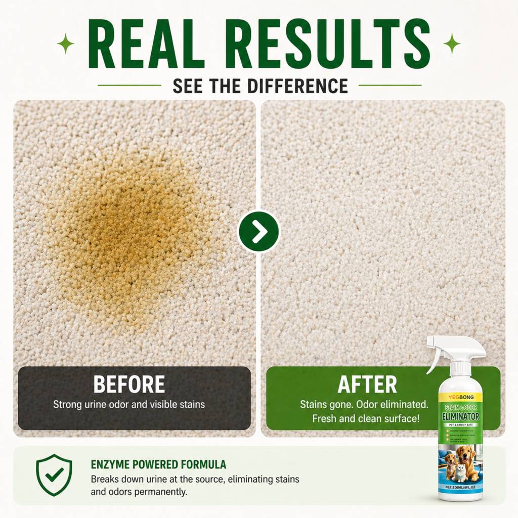 Before and after removing cat urine stain and odor from carpet with enzyme cleaner