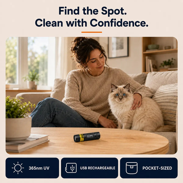 Cat owner using a 365nm black light to locate pet residue before cleaning