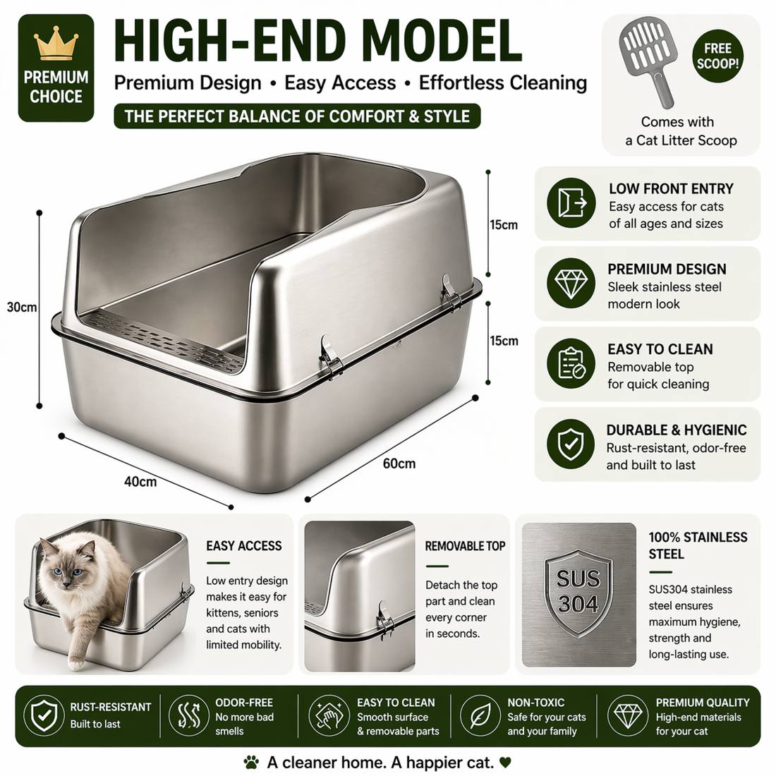high end stainless steel cat litter box with low front entry premium design and easy to clean removable top for all cats