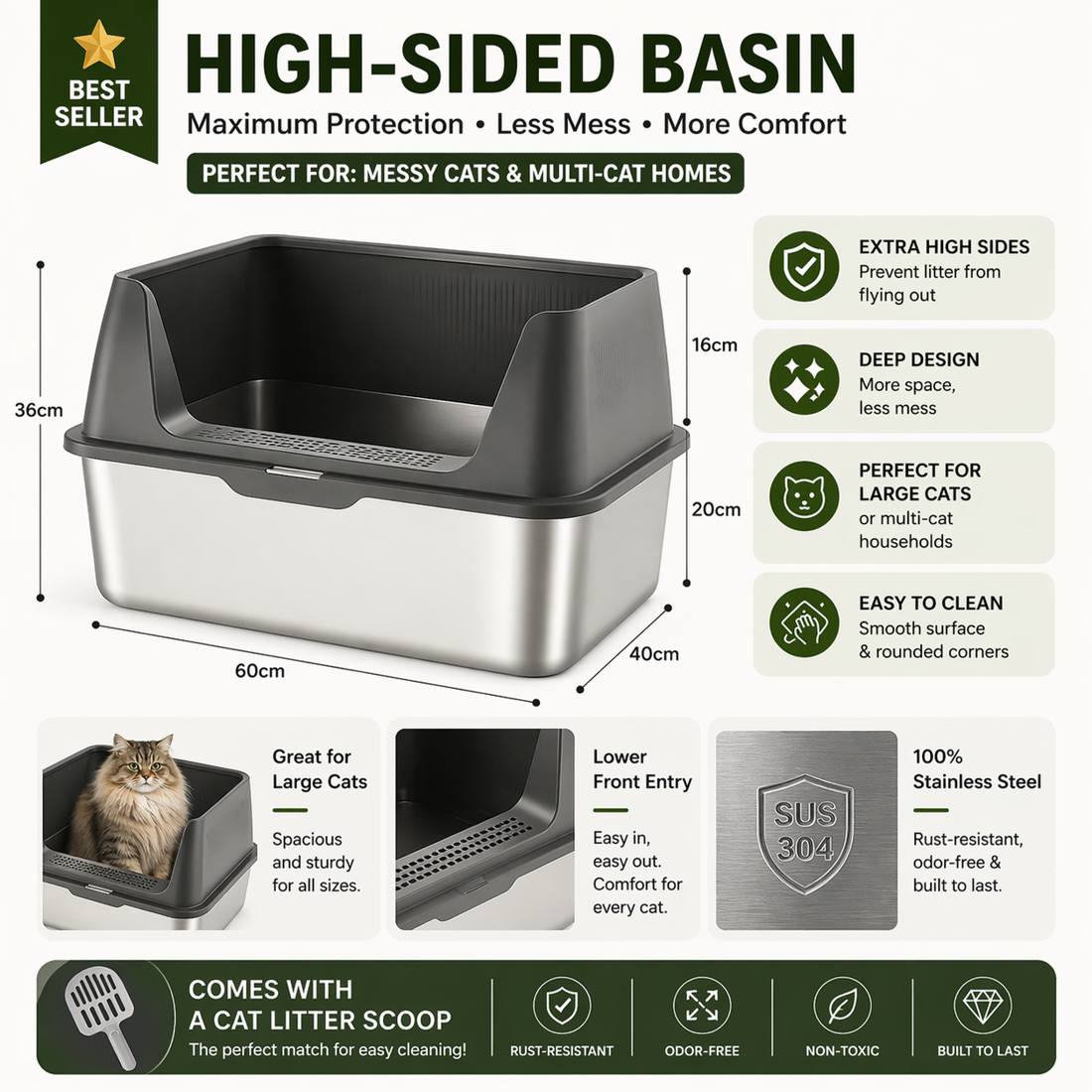 high sided stainless steel cat litter box with deep design preventing litter scatter and mess perfect for large cats and multi cat homes