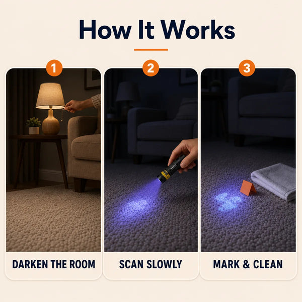 Steps showing how to use a 365nm black light for cat pee