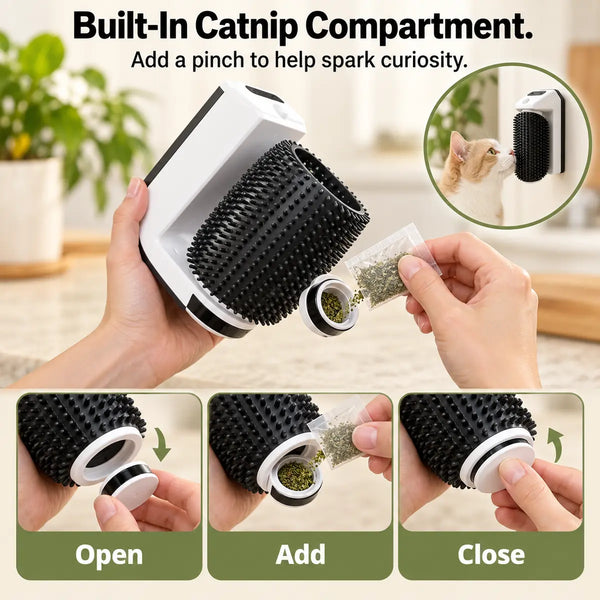 Hands adding catnip to the built-in bottom compartment of an automatic cat grooming brush