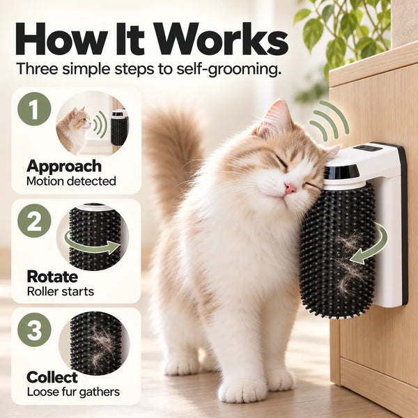 Cream-and-white cat using an automatic grooming brush with three steps: approach, rotate, and collect loose fur