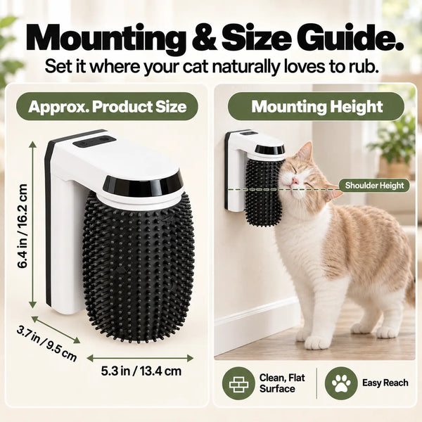 Automatic cat grooming brush dimensions and wall-mounting height guide beside a cream-and-white cat