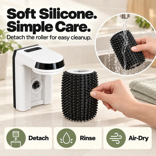 Removable silicone roller being pressed, rinsed, and air-dried beside an automatic cat grooming brush