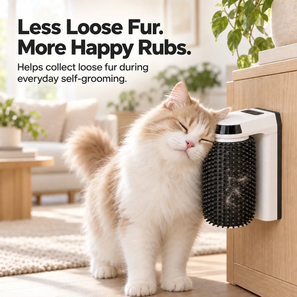 Cream-and-white cat rubbing its cheek against a wall-mounted automatic cat grooming brush