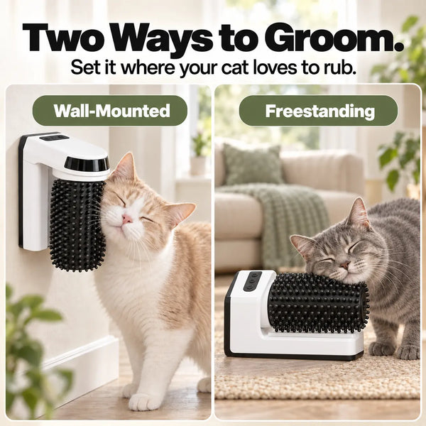 Cream-and-white and gray cats using an automatic grooming brush in wall-mounted and freestanding positions