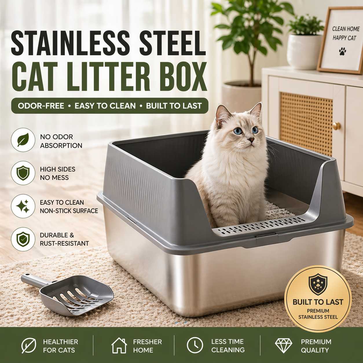 odor-free stainless steel cat litter box with high sides, easy to clean non-stick design for a fresh and mess-free home