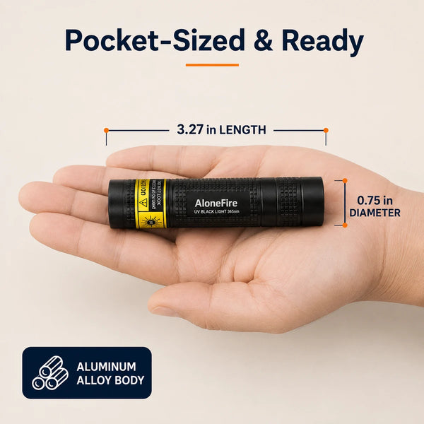 Pocket-size 365nm UV black light dimensions in inches and millimeters