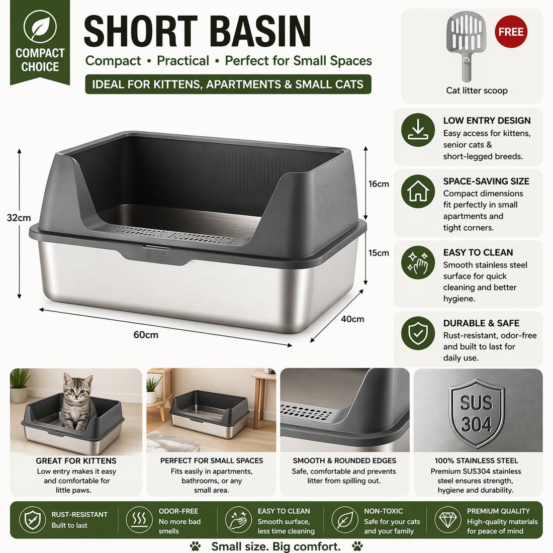 compact stainless steel cat litter box with low entry design perfect for small spaces kittens and easy daily cleaning