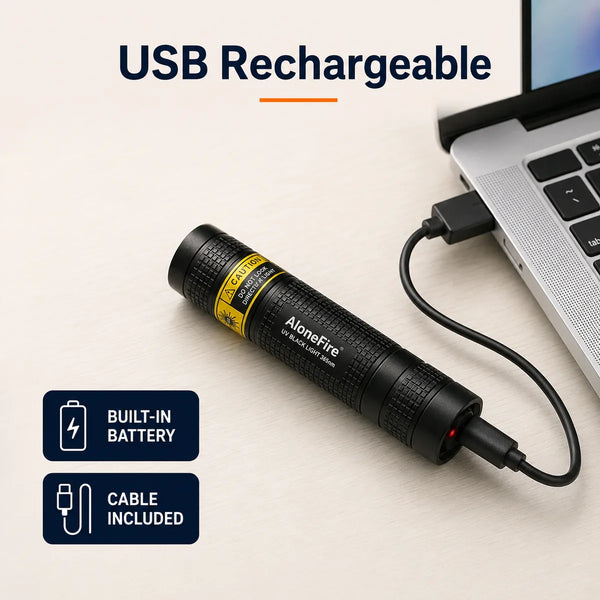 USB rechargeable 365nm black light with included charging cable