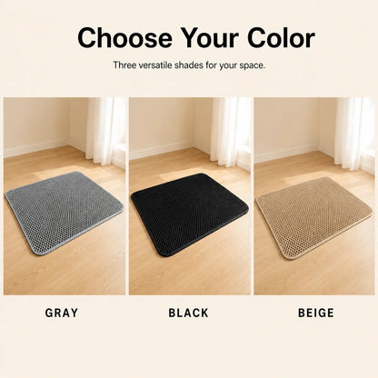A color selection graphic showing three square textured floor mats in different shades: gray, black, and beige, each displayed in a room corner on a wood floor. Text at the top reads 'Choose Your Color' and labels the three mats as GRAY, BLACK, and BEIGE.