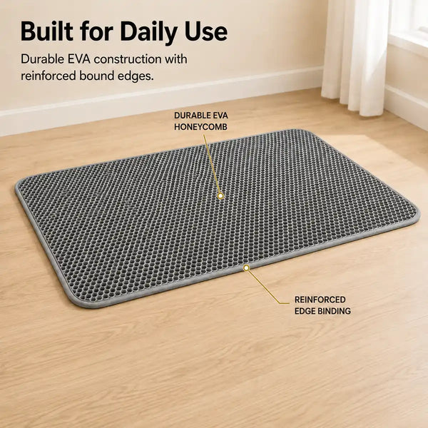 Gray EVA cat litter mat with durable honeycomb surface and reinforced bound edges