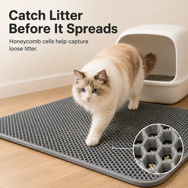 Cat walking across a gray honeycomb mat that catches loose litter