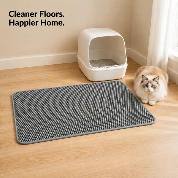 Fluffy cat resting beside a gray XL litter mat in a clean litter-box area