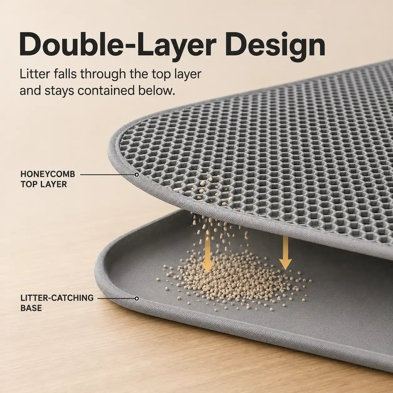 Double-layer gray cat litter mat showing litter falling through the honeycomb top into the base