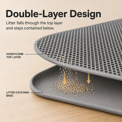 Double-layer gray cat litter mat showing litter falling through the honeycomb top into the base