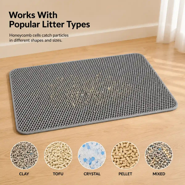 Gray honeycomb cat litter mat shown with clay, tofu, crystal, pellet, and mixed litter