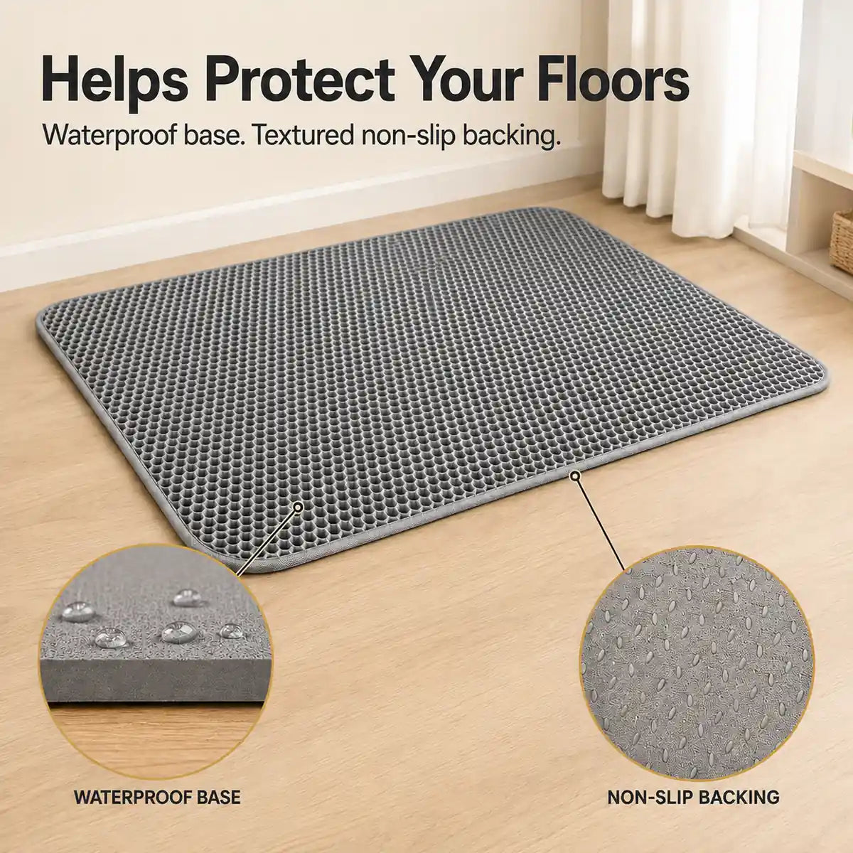 Gray XL cat litter mat with waterproof base and textured non-slip backing