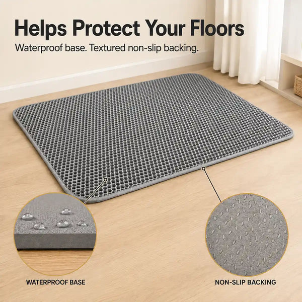 Gray cat litter mat with waterproof base and textured non-slip backing